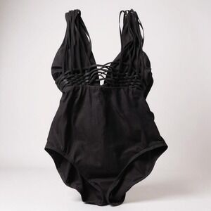 Badgley Mischka Black One Piece Swimsuit Plunge Braided Straps Size 6